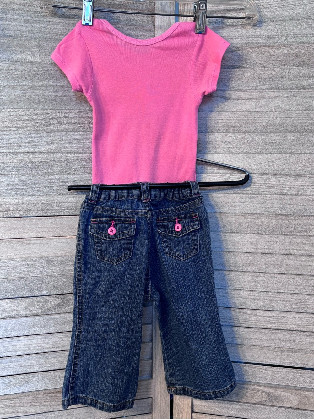 Y2K Girls 12MO WranglerJeans Pink Stitching FlipPockets+Embroidered LOVE Onesie